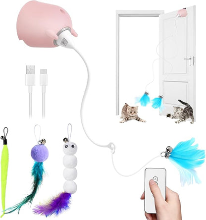Cat Toys Interactive for Indoor Cats, Rechargeable Toy Hanging Door Electric with 4pcs Feathers Toys for Bored Kittens (Pink)