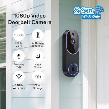 Smart 1080p Video Doorbell Camera with Doorbell Receiver, Live View, AI Human Detection, 2-Way Audio, Night Vision, Cloud Storage (Sold Separately), 2.4G WiFi