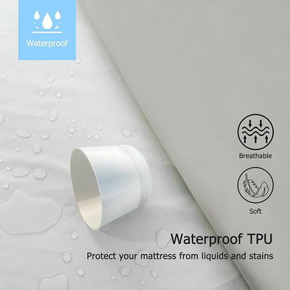 Queen Waterproof Mattress Protector - Noiseless, Breathable, Machine Washable Fitted Mattress Cover with Deep Pocket up to 5”-21”（Light Grey）