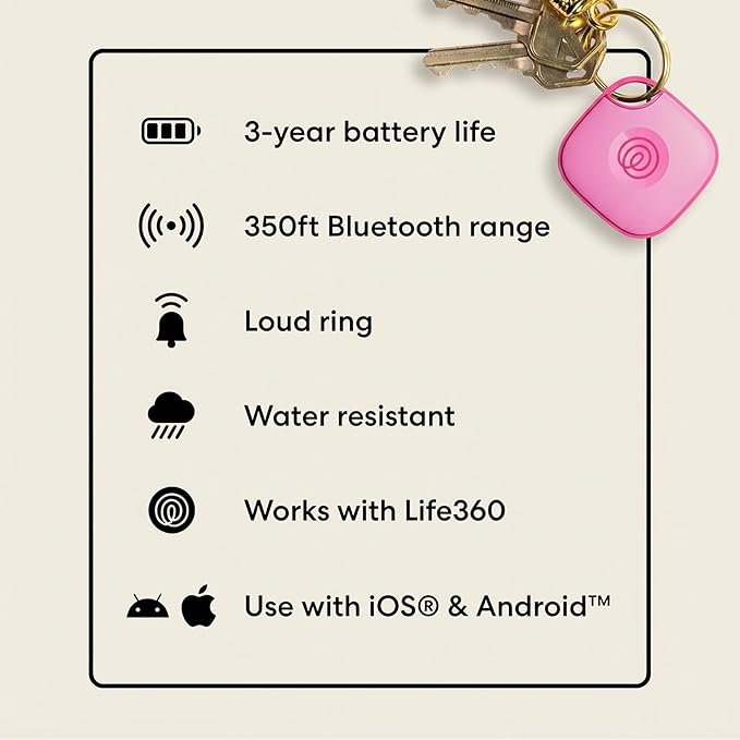 Life360 Tile - Bluetooth Tracker, Keys Finder and Item Locator for Keys, Bags and More. Phone Finder. Both iOS and Android Compatible. 1-Pack (Pink Punch)