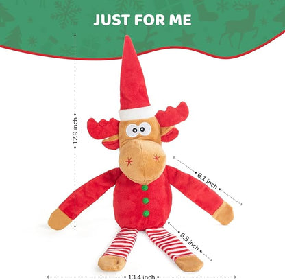 Christmas Dog Toy Reindeer Plush with Squeaker & Crinkle Paper – Holiday Squeaky Chew Toy for Small and Medium Dogs – Interactive Santa Elf Pooch on a Perch Dog Gift