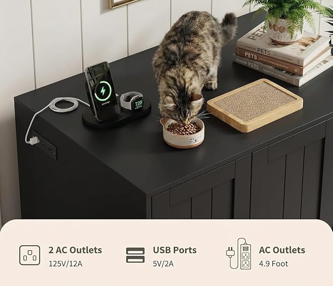 GAOMON Large Litter Box Enclosure Cabinet for Litter Robots, Cat Litter Furniture with Dog-Proof Shelf and Built-in Power Outlet, 5 Ft Power Cord, Fits Most Self-Cleaning Litter Boxes, Black