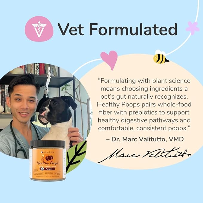 kin+kind Healthy Poops - Organic Pumpkin Powder for Dogs and Cats - Digestive and Probiotic Support w/Prebiotics & Fiber Powder - Cat & Dog Vitamins and Supplements for Sensitive Stomach - 4 oz