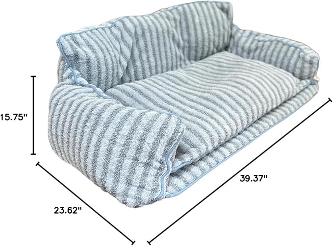 Glow Pups Dog Bed Cozy Sofa, Striped Pattern Cat Bed with Soft Faux Lambswool Cushion, Machine Washable Cotton Blend, Three-Sided Design, Light Blue Striped, X-Large 31.5" L x 13" W x 19.68" Th