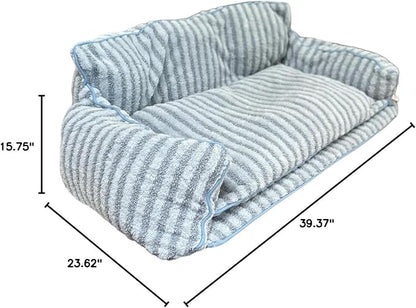 Glow Pups Dog Bed Cozy Sofa, Striped Pattern Cat Bed with Soft Faux Lambswool Cushion, Machine Washable Cotton Blend, Three-Sided Design, Light Blue Striped, X-Large 31.5" L x 13" W x 19.68" Th