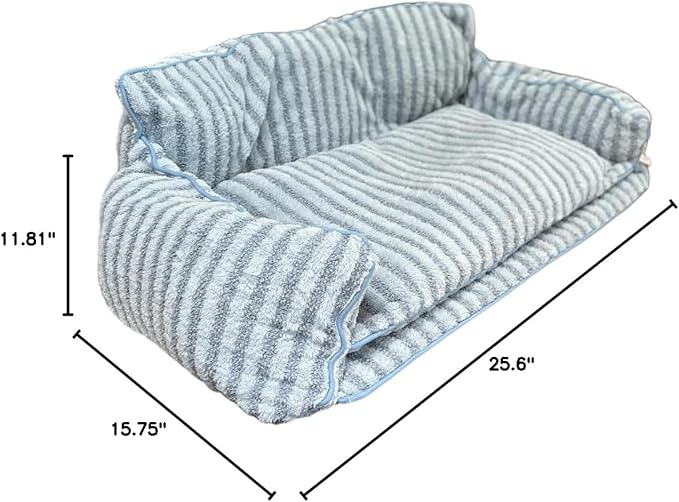 Glow Pups Dog Sofa Bed, Calming Comfort, Deep Sleep Luxe Faux Sherpa Pet Sofa, 3-Sided Couch Design, Machine Washable, Reinforced Stitching, Light Blue Striped, Medium 25.6" X 15.75" X 11.81"