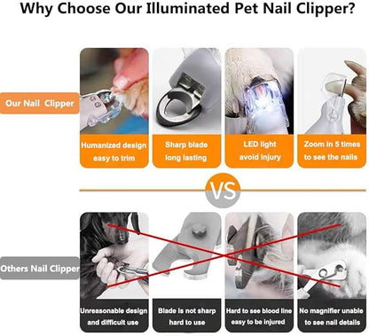 Illuminated Pet Nail Clipper, 5X Magnification Pet Nail Scissor Safe with LED Light, Pet Grooming Nail Care Tool Great for Dogs Cats