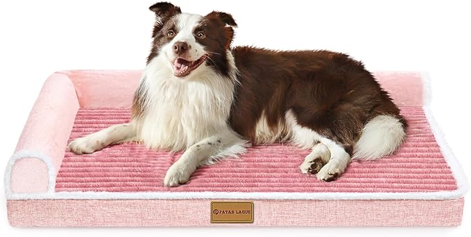 Patas Lague Orthopedic XL Dog Bed Large Sized Dog 48''X30'', Waterproof Comfortable L Bolster Big Extra Large Non-Slip Soft Warm Pet Crate Bed Sleep Sofa mat with Removable Washable Cover, Pink