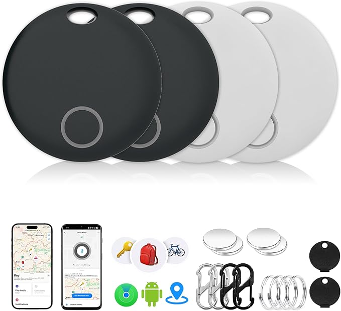 Tracker Tags 4 Pack, Luggage Tracking Tags Compatible with with TUYA APP,Both iOS and Android Compatible, Key Finder Locator with Sound,Smart Tag,Item Finder for Keys, Bags, Suitcases,Black and White