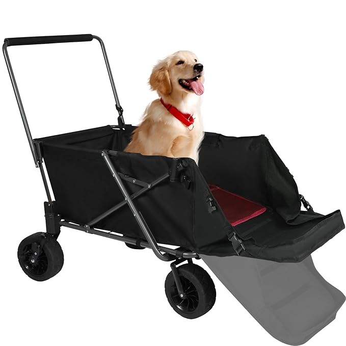 REDCAMP Folding Dog Wagon Cart with Extendable Rear End Heavy Duty, 220L Large Collapsible Utility Cart Dog Stroller with Tailgate for Sports Shopping Pet, Black