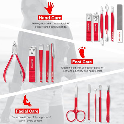 Manicure Set Professional Nail Clippers Pedicure Kit, 16 pcs Stainless Steel Nail Care Tools Grooming Kit with Luxurious Travel Leather Case for Thick Nails Men Women Gift (Red)
