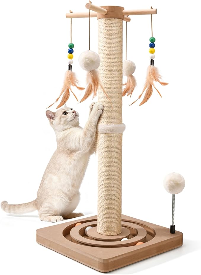 LIFLIX 25 Inches Cat Scratching Post with Interactive Toys, Sisal Cat Scratch Post with Sturdy Ball Track Base for Indoor Cats and Kittens