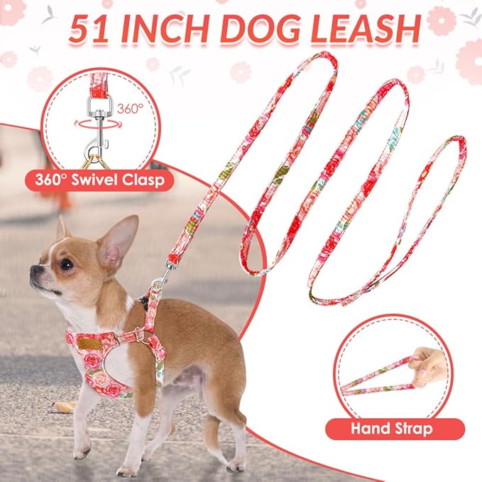 Lukovee Puppy Harness and Leash Set, No Pull Lightweight Soft Suede Adjustable Pet Harness Vest with Snap Buckle for Puppy Small and Medium Size Dog (Pink Rose, XS)