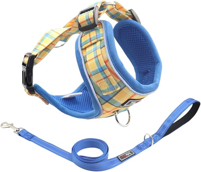 THAIN Reflective Dog Harness & Leash Set – No-Pull Design, Adjustable & Comfortable for Medium Dogs (M, Yellow Plaid)