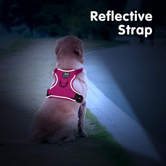 PoyPet Reflective Soft Breathable Mesh Dog Harness No Choke Double Padded Vest Adjustable(Fuchsia,XL)