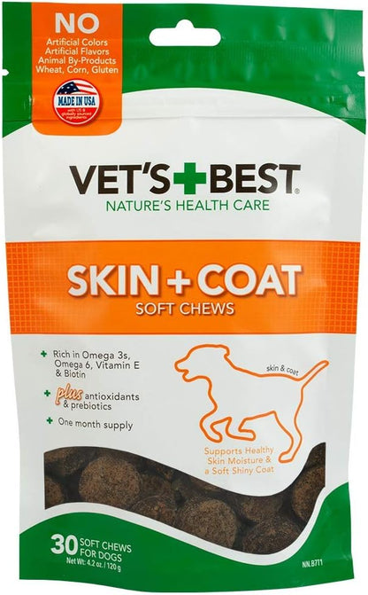 Vet's Best Skin & Coat Dog Supplements - Formulated with Vitamin E and Biotin to Maintain Dogs Healthy Skin and Coat - 30 Soft Chews