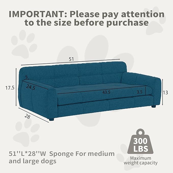 Dog Couch Bed with Backrest and Armrest, Durable Pet Sofa with Soft Foam Cushion, Elevated Dog Couch Bed with Legs for Medium and Large Dogs, Blue