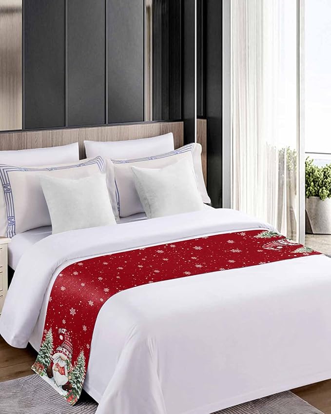 Christmas Gnomes Red Bed Runner for Twin Size Bed, Xmas Decorative Bed Scarf Throws for Foot of Bed, Rustic Tree Snowflake Luxury Bedding Protector Slipcover Bed Runners for Hotel/Home, 71 x 20 Inch