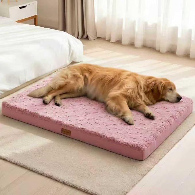 Patas Lague Orthopedic XL Dog Bed Large Sized Dog 48''X30'', Waterproof Soft Comfortable Egg Crate Foam Large Pet Beds Crate Mat with Removable Washable Cover and Nonskid Bottom, Pink
