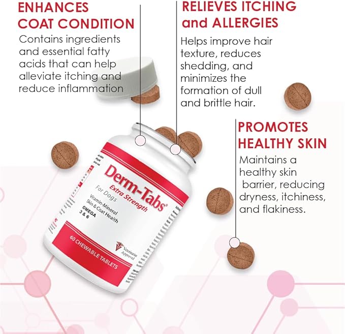Derm Tabs Extra Strength for Dogs - Natural Oil, Vitamins, Minerals, and Antioxidants - Support Healthy Skin and Reduce Shedding -60 Chewable Tablets