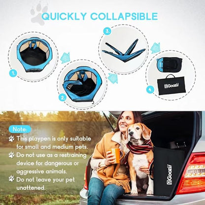 Goozii Dog Playpen for Large Dogs Portable Collapsible, Indoor Outdoor Cat Pet Puppy Exercise Play Pen Tent Crate Cage with Zipper Door Top Cover Floor for Camping (Large Size, Blue)