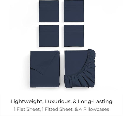Mellanni California King Sheet Set - 6-Piece Iconic Collection Bedding, (Including 4 Pillowcases), 16-Inch Deep Pocket, Easy Care, Extra Soft, Cooling Sheets, Brushed Microfiber - Navy Blue