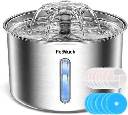 Cat Water Fountain Stainless Steel, 102oz/3L Automatic Pet Water Fountain with 6 Replacement Filters & 6 Pre-Filter Sponges for Cats, Dogs (Cat Fountain + 6 Filters + 6 Sponges)