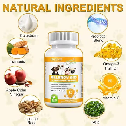 Dog Allergy Aid Immune Support Supplement, 180 Count, Natural Supplements with Omega-3, Probiotics, Vitamins for Skin, Coat & Seasonal Allergies
