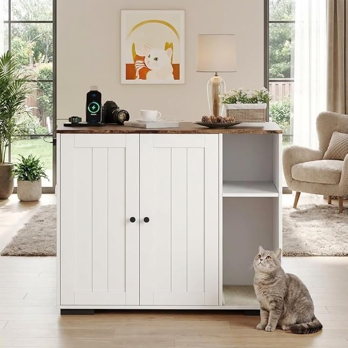 GAOMON Large Litter Box Enclosure Cabinet for Litter Robots, Cat Litter Furniture with Dog-Proof Shelf and Built-in Power Outlet, 5 Ft Power Cord, Fits Most Self-Cleaning Litter Boxes, White