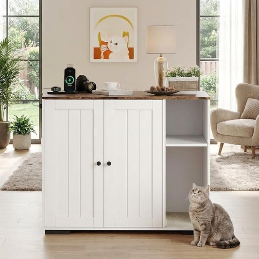 GAOMON Large Litter Box Enclosure Cabinet for Litter Robots, Cat Litter Furniture with Dog-Proof Shelf and Built-in Power Outlet, 5 Ft Power Cord, Fits Most Self-Cleaning Litter Boxes, White