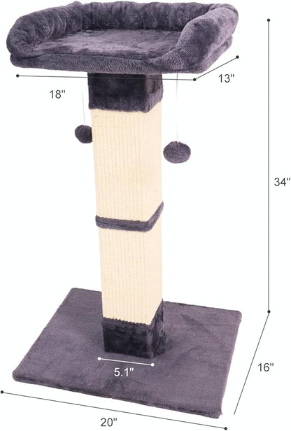 34" Cat Scratching Post for Indoor Cats, Sisal Cat Scratcher with Large Plush Perch, Vertical Posts with Elevated Bed and with Two Dangling Balls, Removable & Washable Cover, Dark Grey