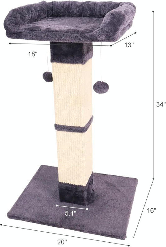 34" Cat Scratching Post for Indoor Cats, Sisal Cat Scratcher with Large Plush Perch, Vertical Posts with Elevated Bed and with Two Dangling Balls, Removable & Washable Cover, Dark Grey