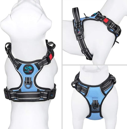 PHOEPET No Pull Dog Harness 3M Reflective Adjustable Vest with a Training Handle, Name ID Pocket, 2 Metal Leash Hooks, 3 Snap Buckles [Easy to Put on & Take Off](L, Baby Blue)