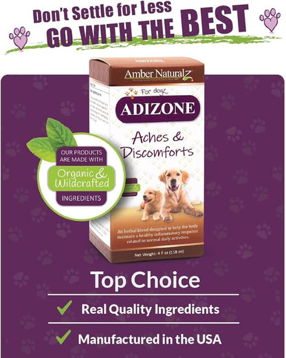 Amber NaturalZ Adizone Herbal Supplement for Dogs | Supports Healthy Inflammatory Response, Occasional Discomfort, and Joint Function | Natural Aid for Active and Aging Canines 4 Fluid Ounces