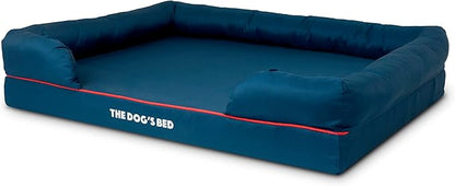 The Dog’s Bed Orthopedic Memory Foam Dog Bed with Bolsters for XL Dogs, Waterproof Washable Cover, Anti-Slip Base, Calming Surface – CertiPUR-Certified Foam, Oxford Fabric, Blue with Dark Red Trim, XL