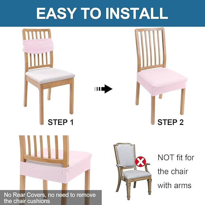 Smiry Waterproof Seat Covers for Dining Room Chairs Set of 4, Stretch Jacquard Removable Washable Chair Seat Slipcovers Protector, No Rear Covers, Pink