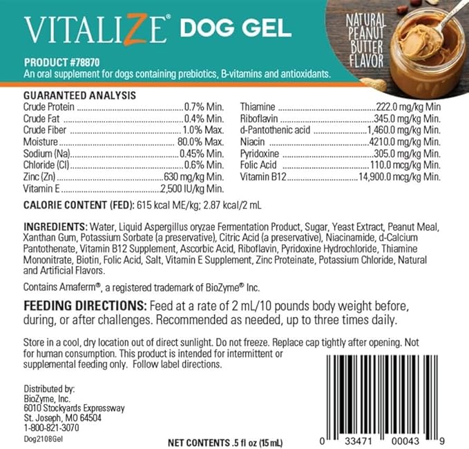 Vitalize Dog Gel - After Surgery Recovery & Probiotics Alternative Immune Support Booster Supplement for Dogs Digestive & Gut Health - Liquid Gel Paste (15 ml)