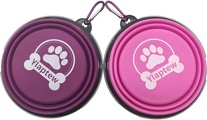 Medium Collapsible Dog Bowl 23oz,2 Pack Portable and Foldable Pet Travel Bowls with 2 Carabiners & Lids for Dogs Cats and Small Animals (Purple+Pink, 650ml)
