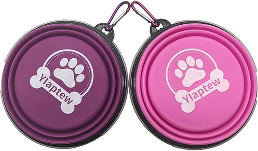 Medium Collapsible Dog Bowl 23oz,2 Pack Portable and Foldable Pet Travel Bowls with 2 Carabiners & Lids for Dogs Cats and Small Animals (Purple+Pink, 650ml)