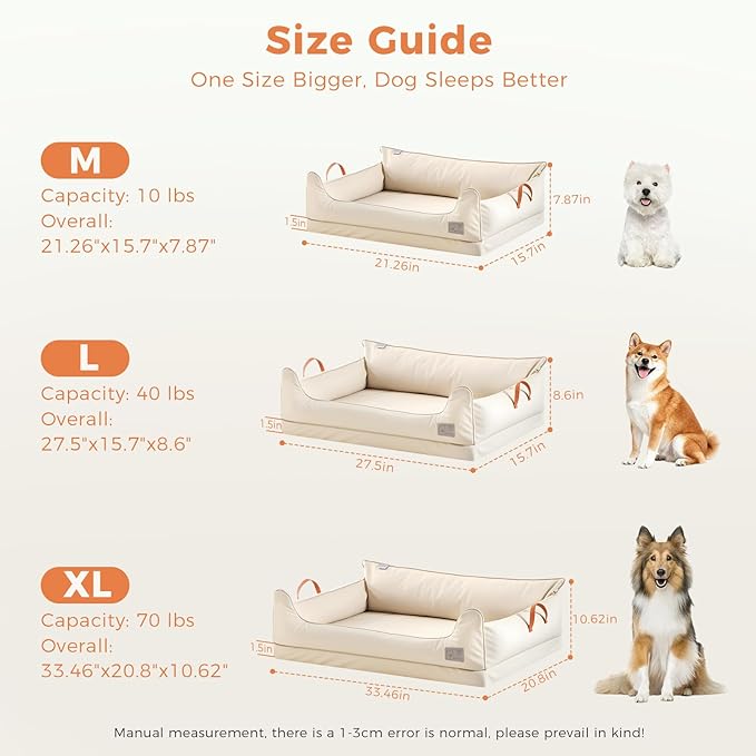 Removable Orthopedic Dog Beds for Large Dogs, Leather Memory Foam Dog Sofa Bed, Waterproof Durable Dog Bed Couch with Non Skid Bottom for All Pet Sizes (Beige, Medium)