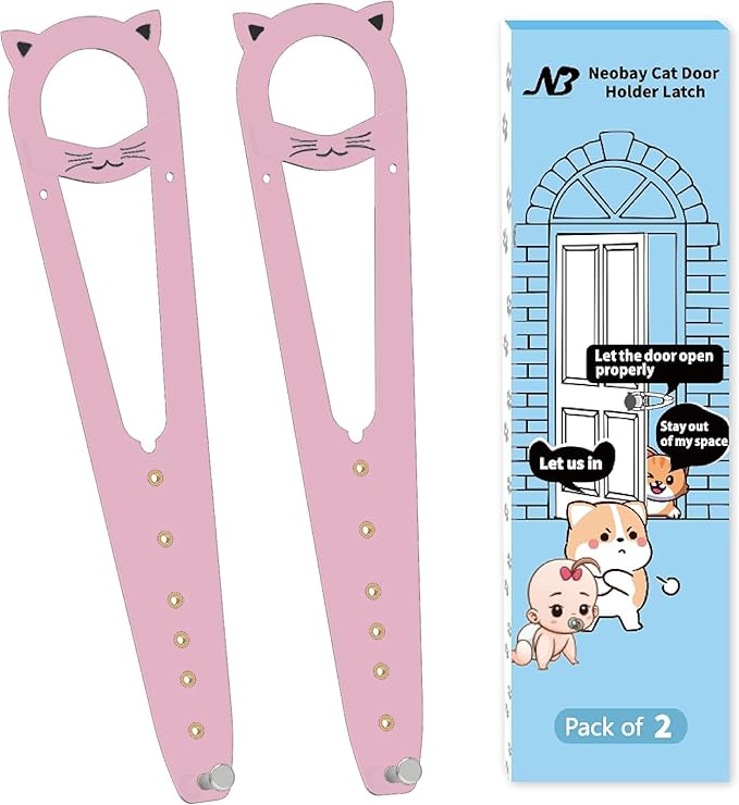 Cat Door Latch with Stabilizer, 7 Sizes Adjustable Cat Door Holder Latch to Keep Dog Out of Litter Box, No-Drill Alternative of Pet Gates and Interior Pet Door, Pink, 2 Packs
