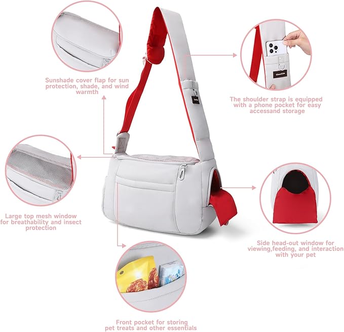 Dog Carrier Sling, Cat Sling Carrier, Adjustable Soft Padded Shoulder Strap with Storage Pocket, Small Dog and Cats Sling Carriers up to 10 lbs, Hands-Free Pet Carrier for Travel Hiking Walking Grey