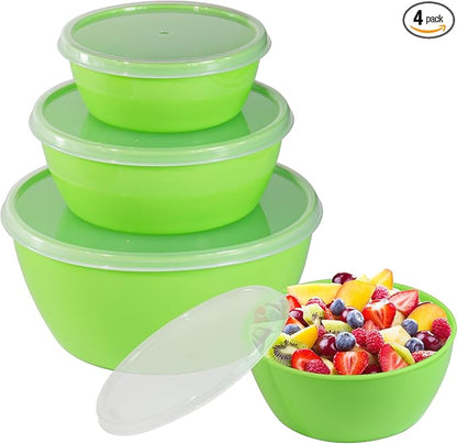 Set of 4 Plastic Prep Bowls with Lids，Microwave and Dishwasher Safe,Ideal for Baking, Prepping, Cooking and Serving Food (Green)