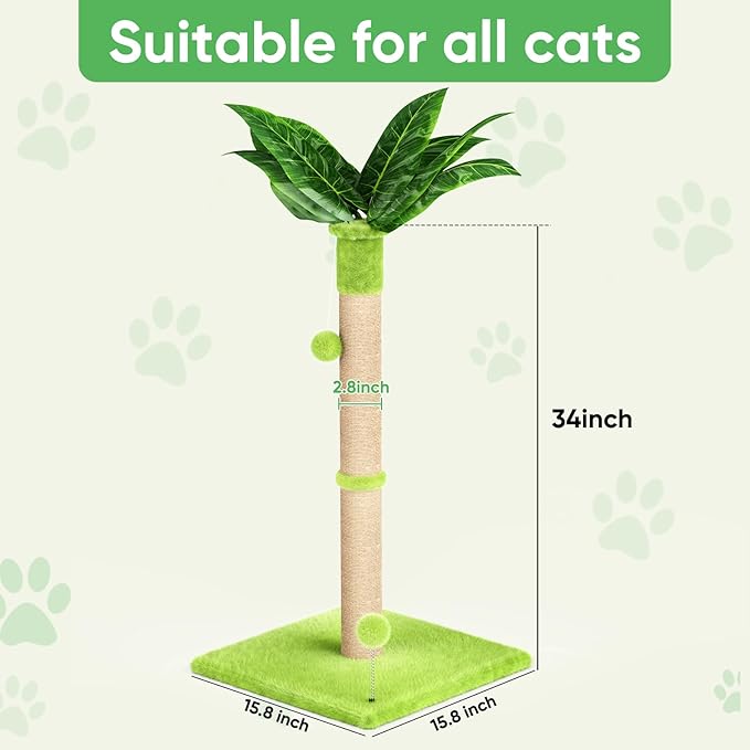 XiaZ Cat Scratching Post 34'' Tall, Durable Cat Scratch Tree Tower for Indoor Kitty with Extra Wide 15.8" Stable Base & 2 Toy Balls, Natural Sisal & Plush Fabric for Small, Medium Cats (Green, 2.8in)