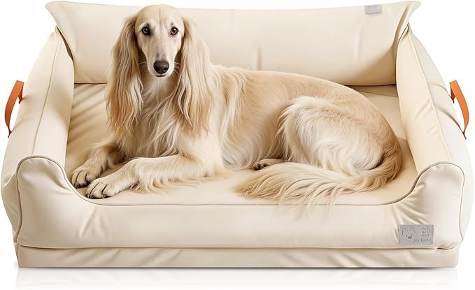 Removable Orthopedic Dog Beds for Large Dogs, Leather Memory Foam Dog Sofa Bed, Waterproof Durable Dogs Bed Couch with Non Skid Bottom for All Pet Sizes (Beige, X-Large)