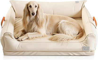 Removable Orthopedic Dog Beds for Large Dogs, Leather Memory Foam Dog Sofa Bed, Waterproof Durable Dog Bed Couch with Non Skid Bottom for All Pet Sizes (Beige, Medium)