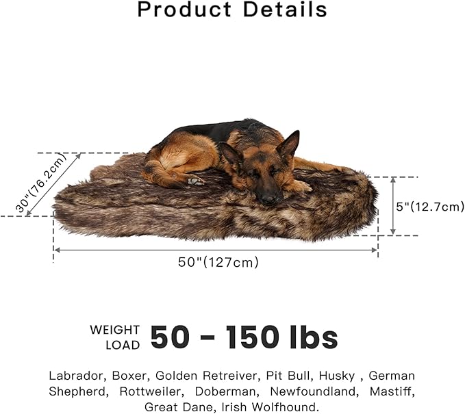 Laifug Large Faux Fur Dog Bed,5-inch Thick Grade Orthopedic Memory Foam Dog Bed(50"x30"x5"),Removable Cover with Anti-Slip Bottom,Waterproof Liner