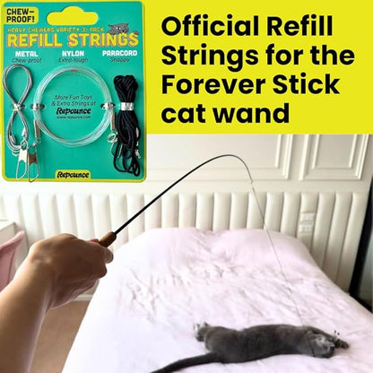 Cat Toy String Replacement 3-Pack - Chew Proof Metal Wire, Cat Wand String Replacement Variety Pack, Official Cat Toy Refill Strings for Forever Stick Cat Toy Wand, Transparent Fishing Line Nylon Cord