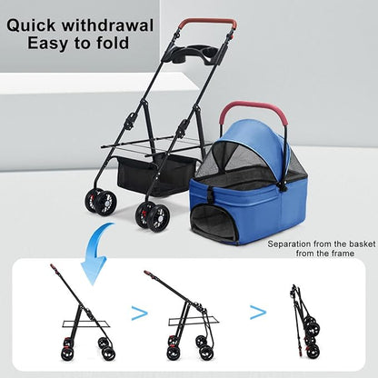 Pet Stroller for Medium Small Dogs/Cats - 4 Wheels Foldable Dog Stroller with Storage Basket,Dog/Cat Carrier,Adjustable Handle,Folding Puppy Carrier Suitable for Traveling with Cats and Dogs (Blue)