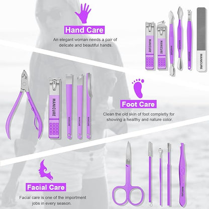 Manicure Set Professional Nail Clippers Pedicure Kit, 16 pcs Stainless Steel Nail Care Tools Grooming Kit with Luxurious Travel Leather Case for Thick Nails Men Women Gift